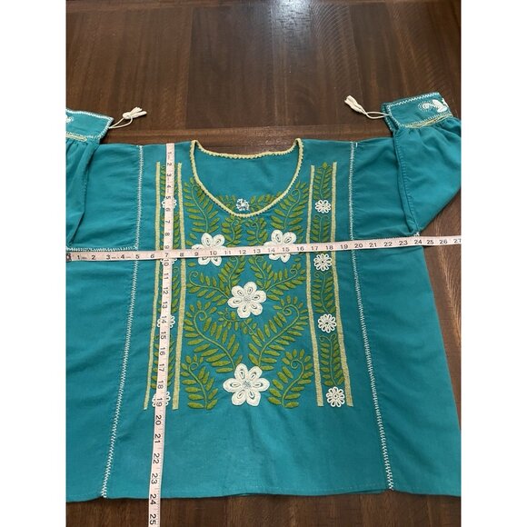 Teal Embroidered Boho Peasant Top Floral Embroidered Blouse Tassel Sleeve SZ XL - Picture 5 of 7